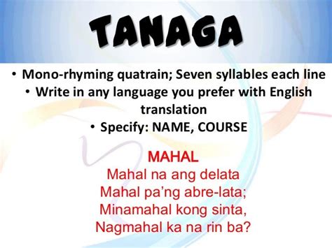 tanaga 4 lines 7 syllables examples brainly tagalog